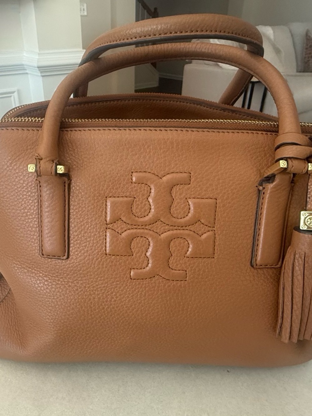 Tory Burch Cognac Pebbled Leather Satchel with Tassel